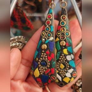 Abstract Design Multi Color Drop Earrings Antique Gold Metal